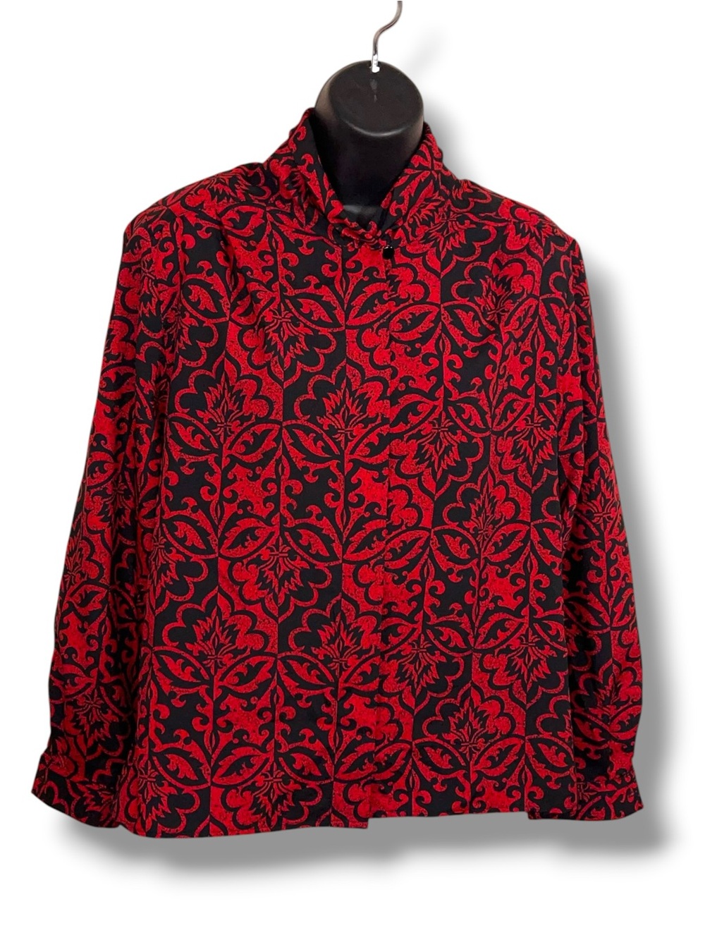 Vintage Size 10 Pykettes Red Black Long Sleeve Blouse Jacquard Goth Mock Neck